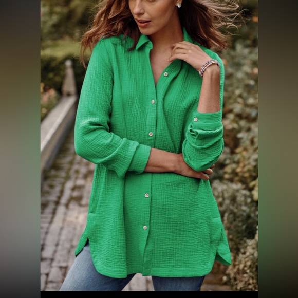 J. Jill Tops - J. Jill Green 100% Cotton Gauze Split Hem Button Down Tunic Size S Coastal